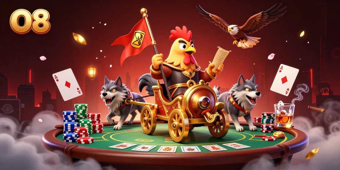 Engage in thrilling poker at O8, featuring a vibrant 3D scene with a rooster warlord and fierce wolves.