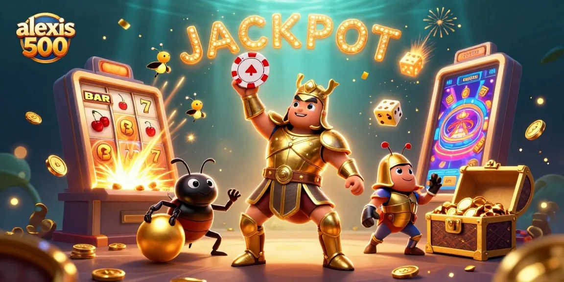 Experience the excitement of alexis 500 as a hercules beetle wins big, showcasing slots and casino elements.