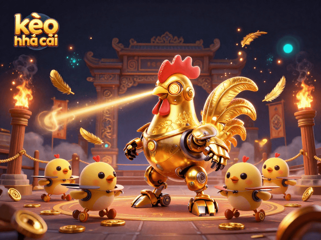 Watch the golden rooster robot and baby chick drones as they engage in thrilling kèo nhà cái action amidst a vibrant casino atmosphere.