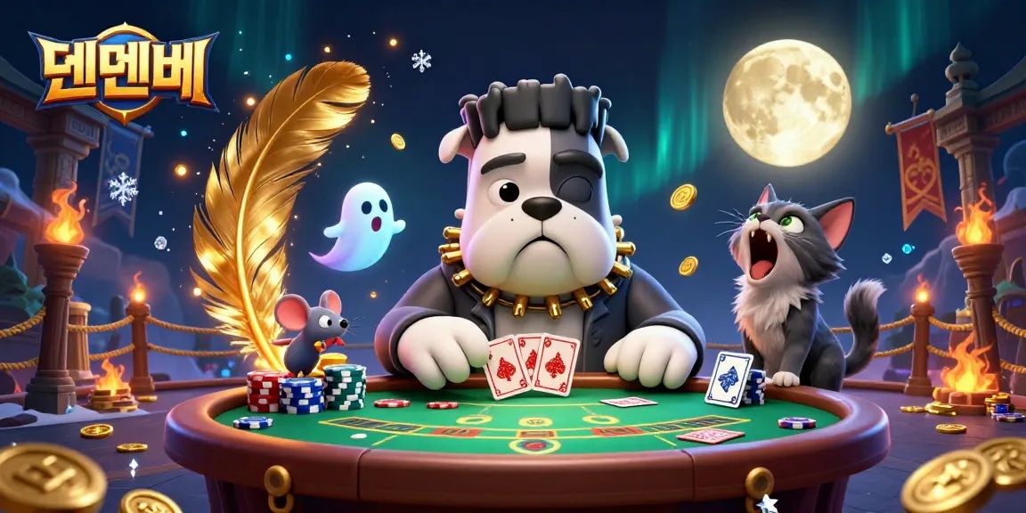 Engaging gambling scene with 텐텐벳 characters playing cards at a spooky table, showcasing Baccarat excitement.