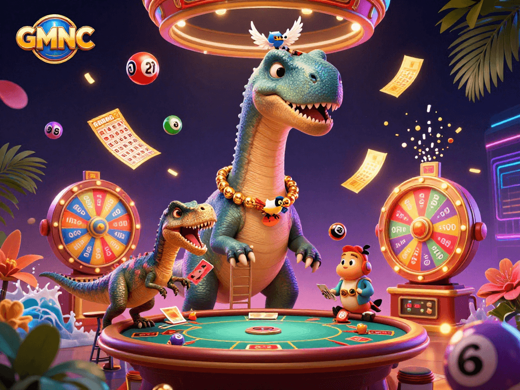 Experience GMNC's vibrant gaming scene featuring a towering dinosaur and dynamic lottery elements in motion.