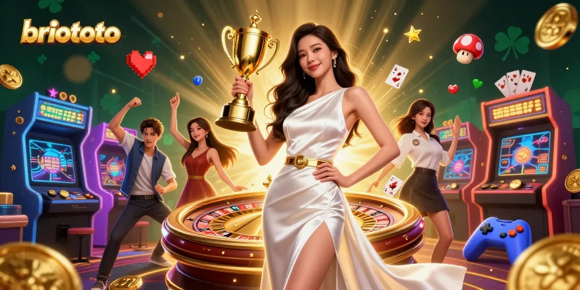briototo celebrates live casino excitement with a victorious woman in a glamorous gown holding a trophy.