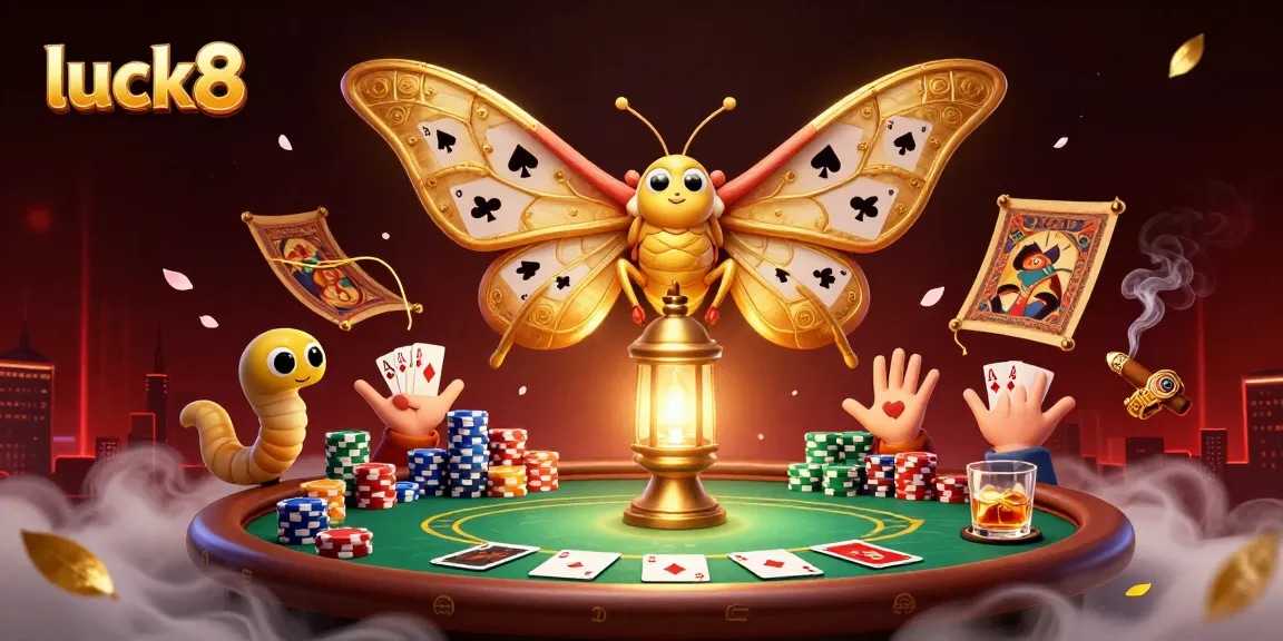 Experience luck8's vibrant casino world as a luxurious atlas moth and poker elements shine.
