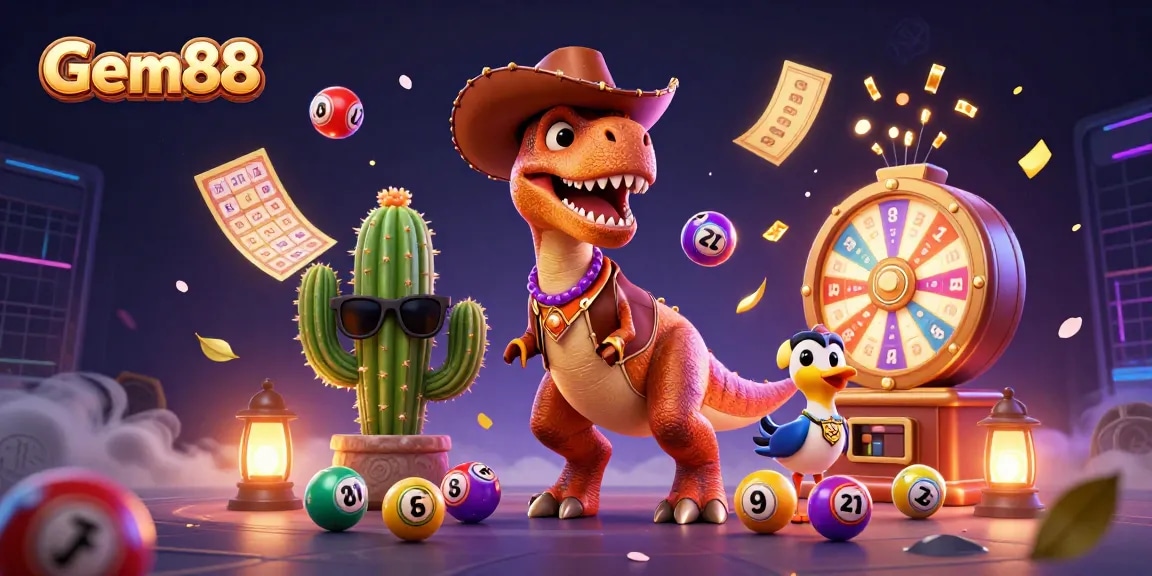 Experience thrilling Gem88 adventures with a dynamic scene of cartoon characters and lottery elements.