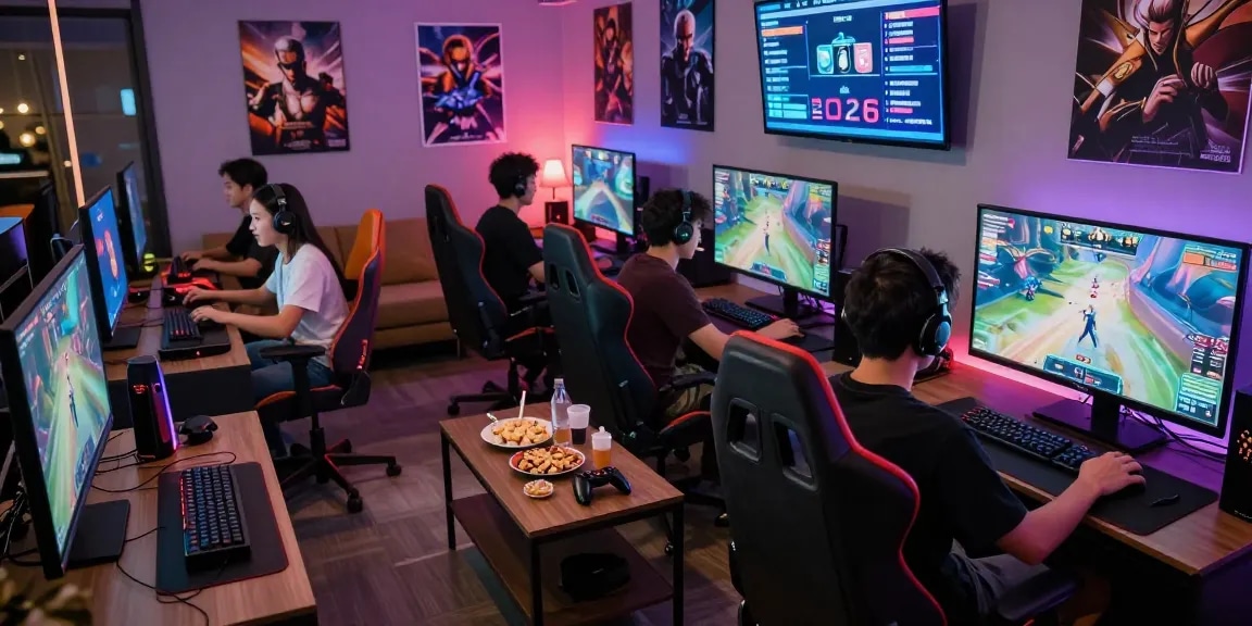 Friends enjoying games at a hit club gathering, with snacks and vibrant LED lighting