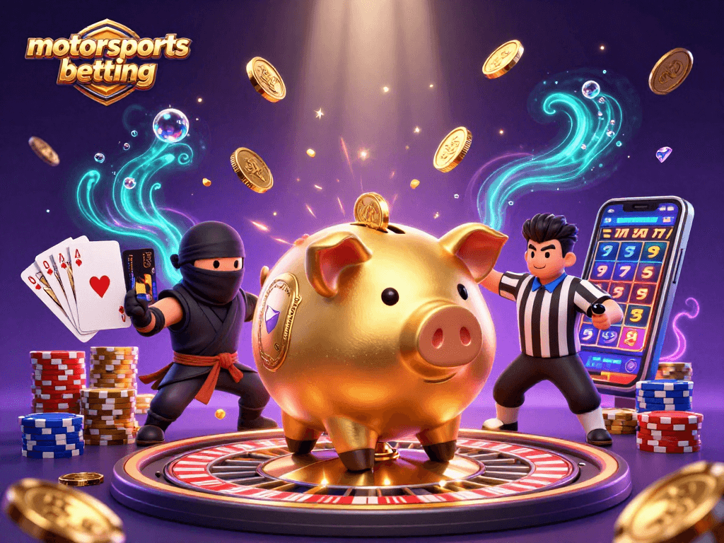 Experience the excitement of motorsports betting with lively characters and dynamic casino elements.
