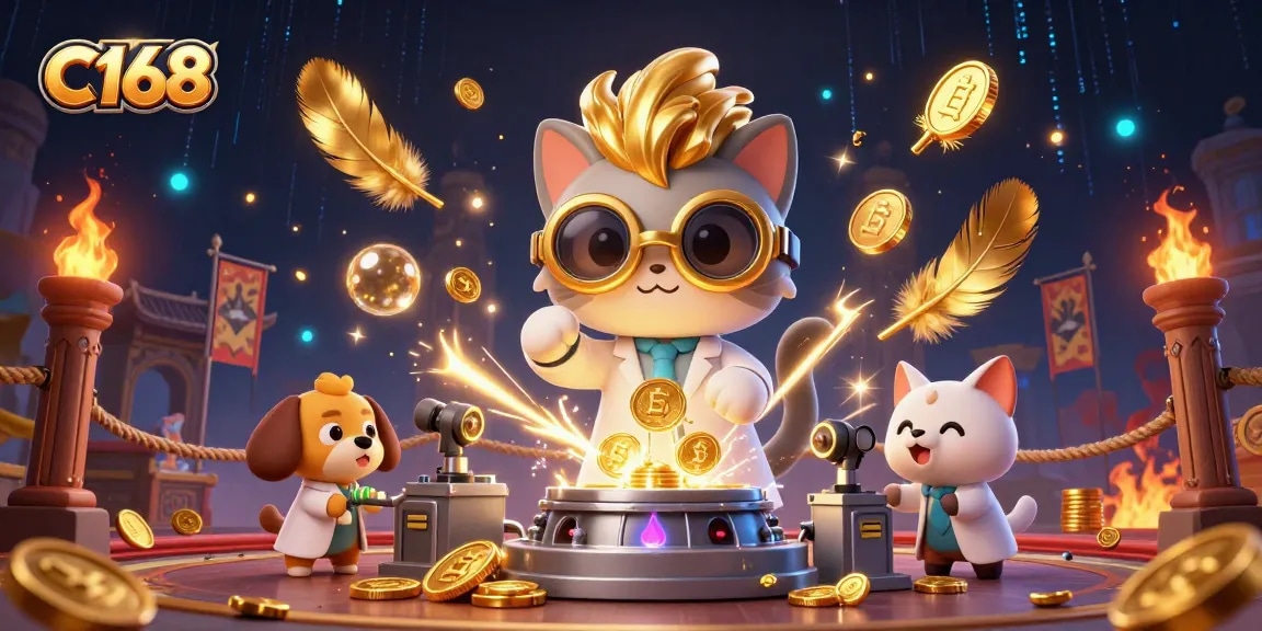 Experience C168’s exciting casino atmosphere with cartoon characters generating coins amidst thrilling betting action.