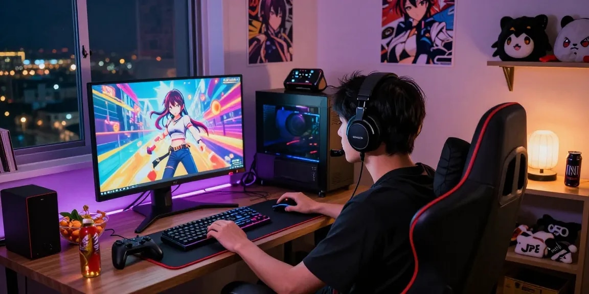 Gamer immersed in a hentai game experience with vibrant visuals and engaging setup.