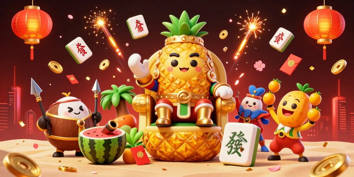 Engage with kdslots at a vibrant beach casino featuring a golden pineapple king and action-packed elements.
