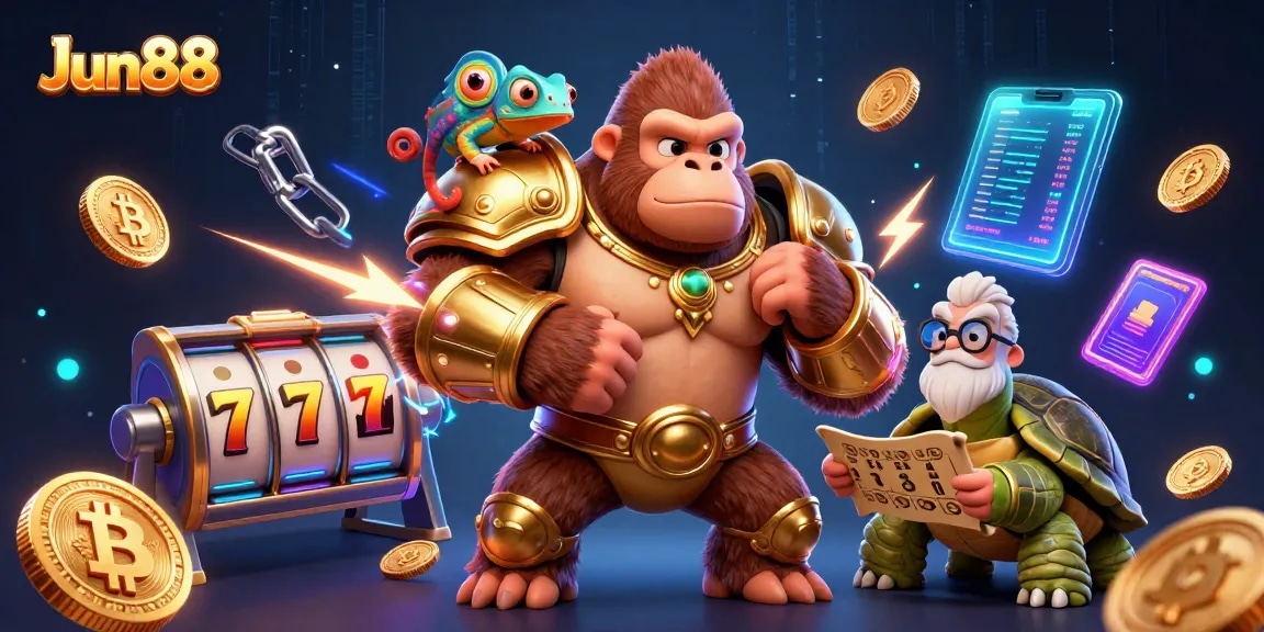 Engage in thrilling slots with Jun88, featuring a gorilla king and vibrant casino elements.