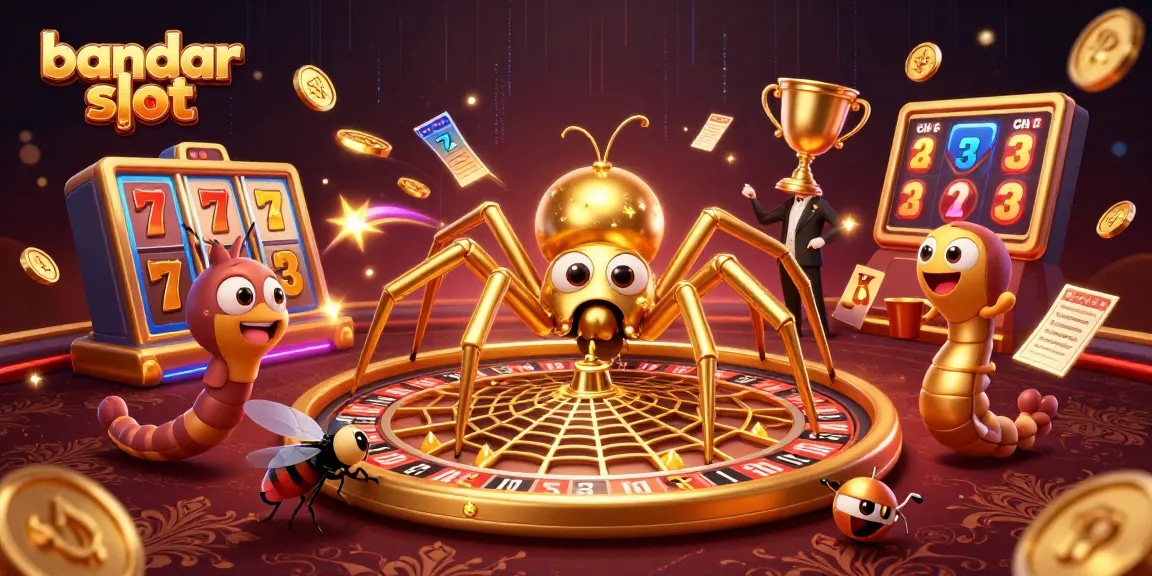Taruhan di bandar slot dengan ilustrasi jaring roulette dan karakter menarik.