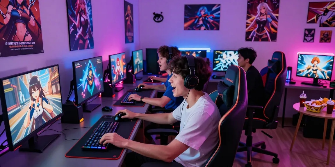 Gamers immersed in playing captivating hentai games in a vibrant gaming room.