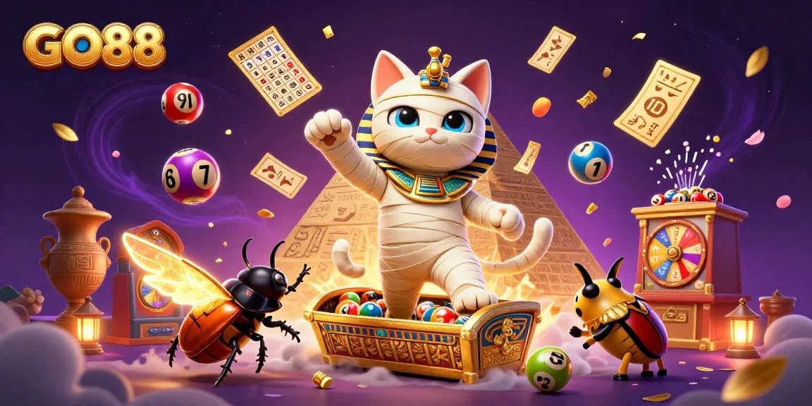 Experience the excitement of GO88 with a vibrant casino scene featuring a mummy cat, scarab beetle, and dynamic gaming elements.