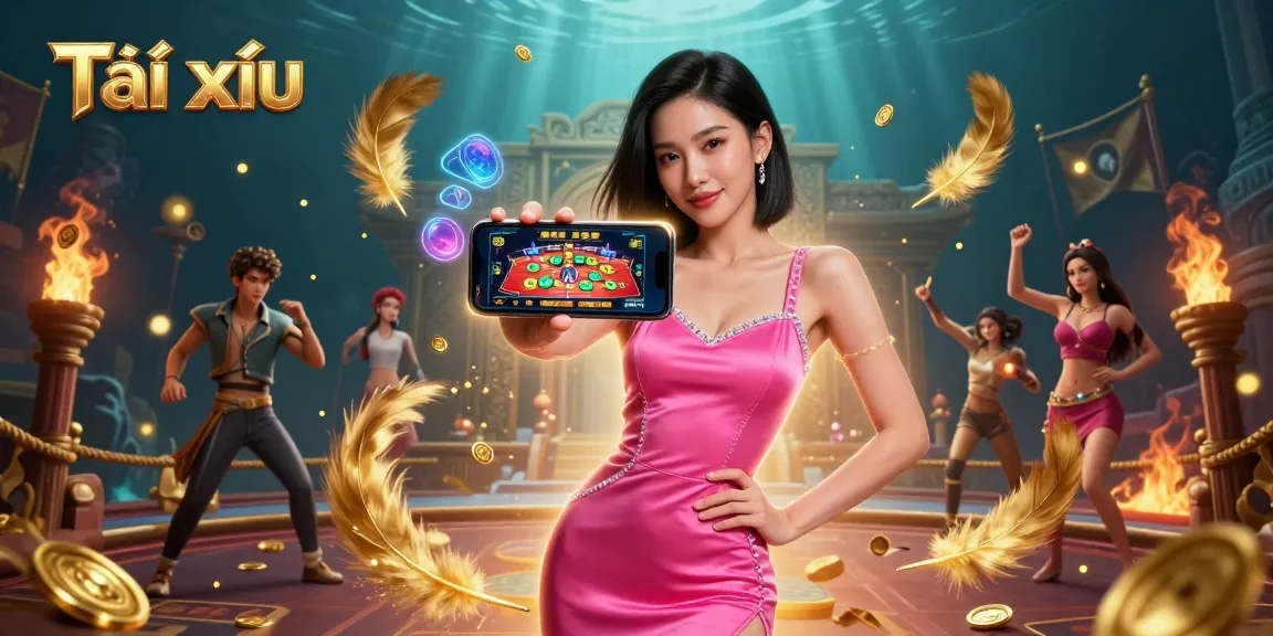 Tài xỉu player winning with a smartphone in a colorful casino setting surrounded by dynamic gaming elements
