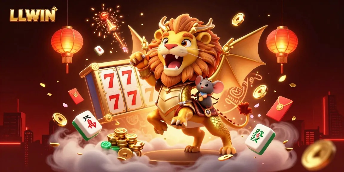 Engage with LLWIN's thrilling gaming scene featuring a golden chimera, slot reels, and vibrant Chinese elements.