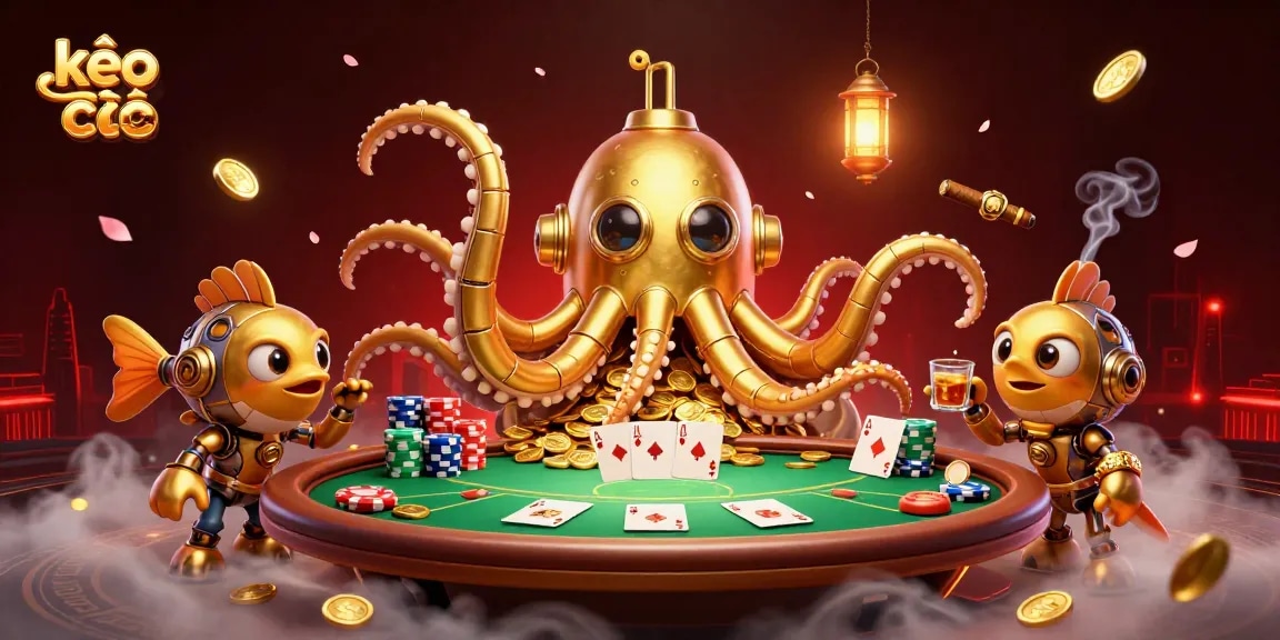 Engage with kèo nhà cái's vibrant scene featuring a golden kraken submarine amidst dynamic poker elements.