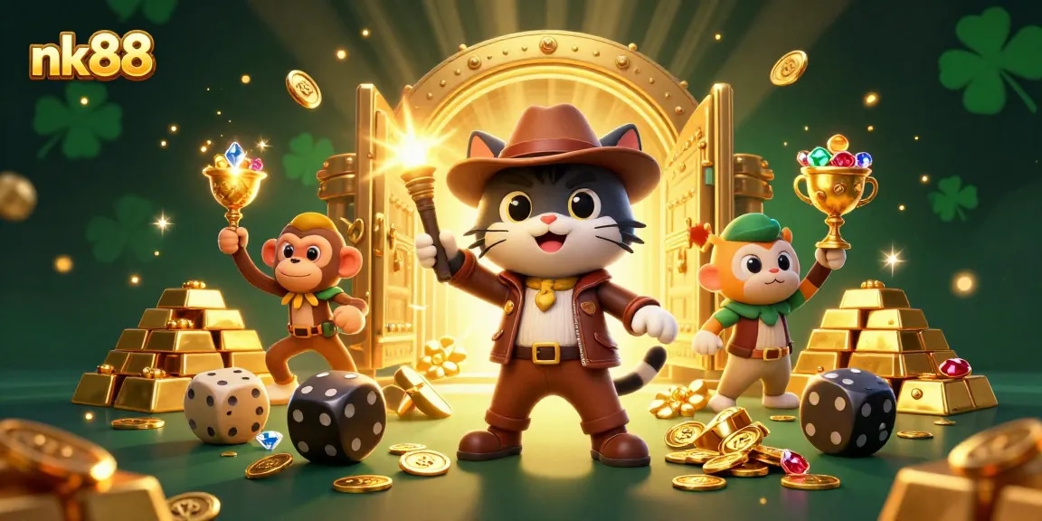 Bet on thrilling adventures with nk88, as the cat and monkey uncover treasure in a vibrant casino
