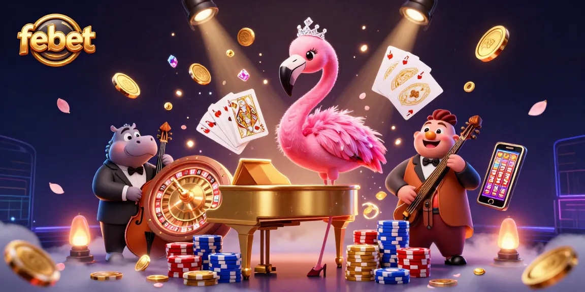 Experience the vibrant atmosphere of Febet, featuring casino characters amidst dynamic gaming elements.