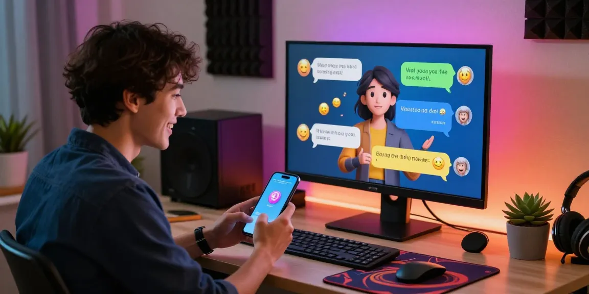 Engaging user with nsfw ai character in lively chat, vibrant colors.