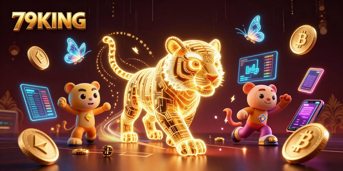 Engage with 79KING, an electrifying casino scene featuring dynamic cryptocurrency elements and glowing icons.