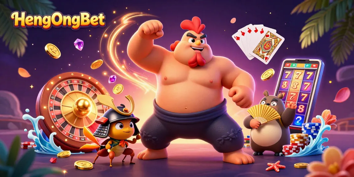 HengOngBet features a powerful sumo rooster, skillful cricket, and announcer amidst vibrant casino elements.