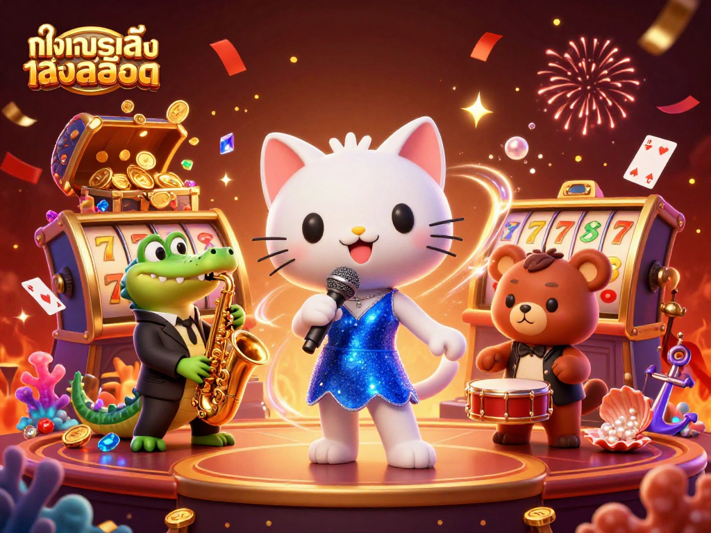 Try out ทดลองเล่นสล็อต in this vibrant 3D scene filled with casino characters and lively game elements.