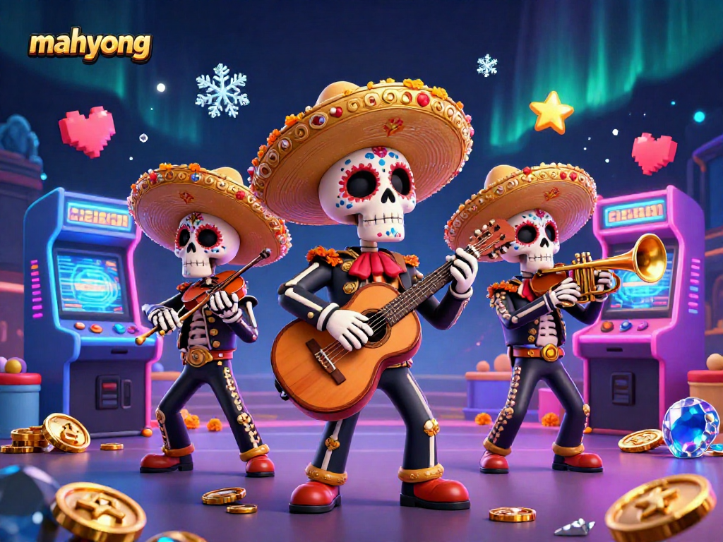 Spin the reels with mahyong, featuring vibrant mariachi characters and arcade elements.