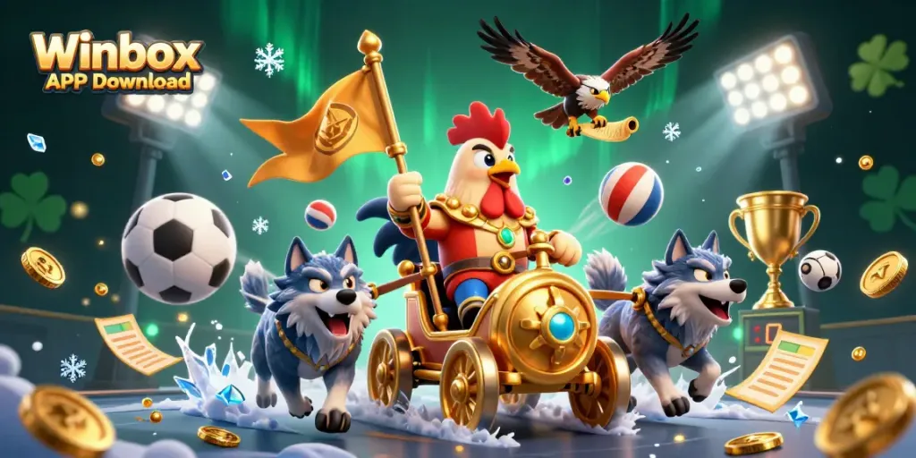 Winbox APK Download illustration featuring a dynamic scene with a rooster warlord and sports elements
