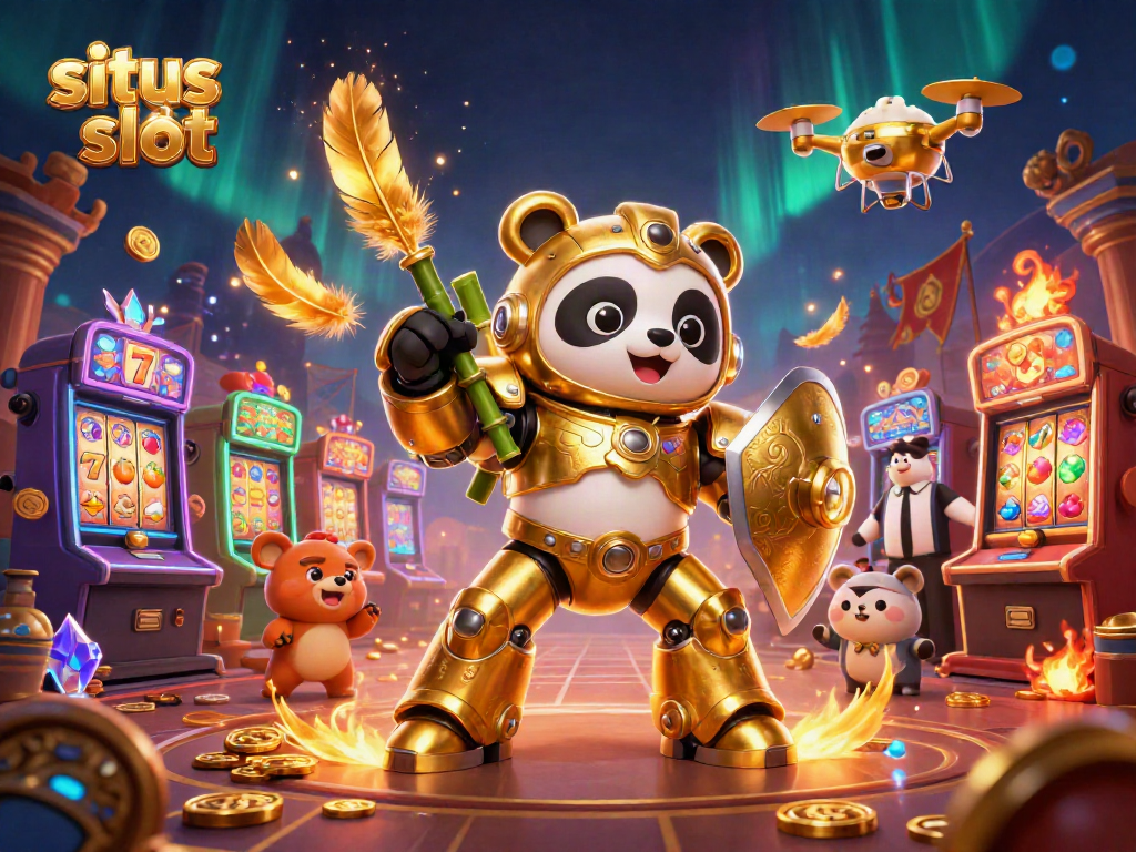 Gambarlah permainan situs slot dengan desain menawan dan penuh warna, menampilkan panda emas dan robot yang mengesankan.