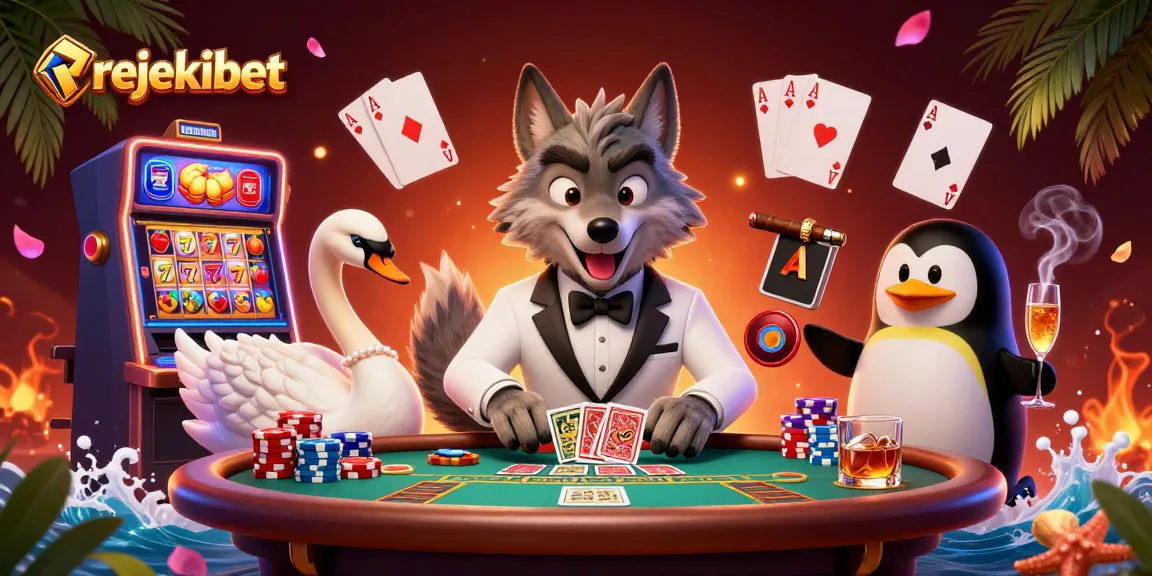 Experience winning slots with rejekibet, featuring a debonair wolf, elegant swan, and penguin sommelier in a dynamic casino setting.