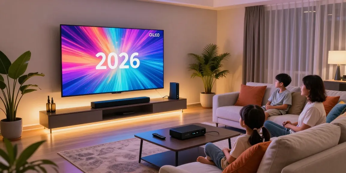 Cozy family enjoying a movie on a vibrant smart TV 2026 in a modern living room.