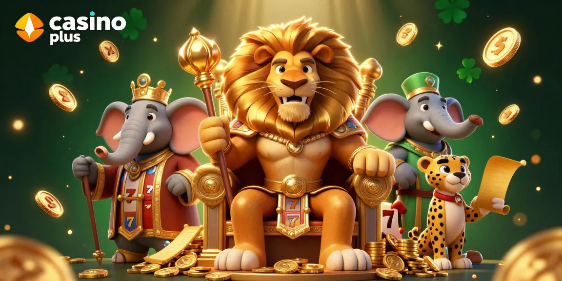 Engage in thrilling action at casino plus with a lion king, wise elephant, and cheetah among gold coins.