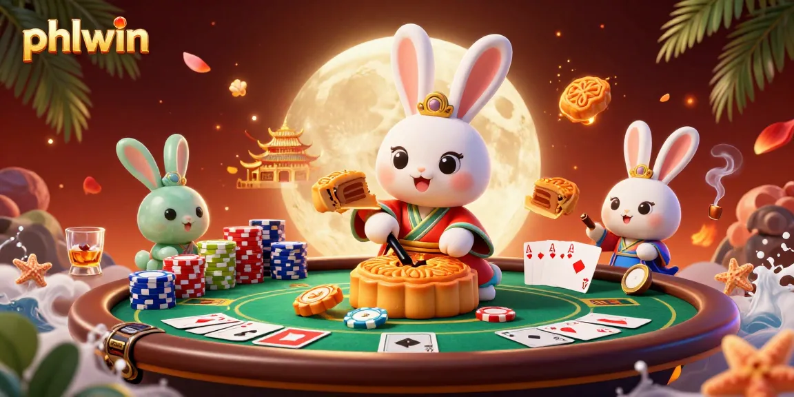 Experience the excitement of phlwin with a whimsical moon rabbit illustration capturing poker chips and gaming elements.