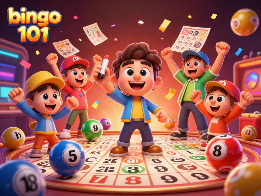 Celebrate wins in bingo 101 with dynamic characters, lively bingo balls, and colorful cards in a vibrant casino scene.