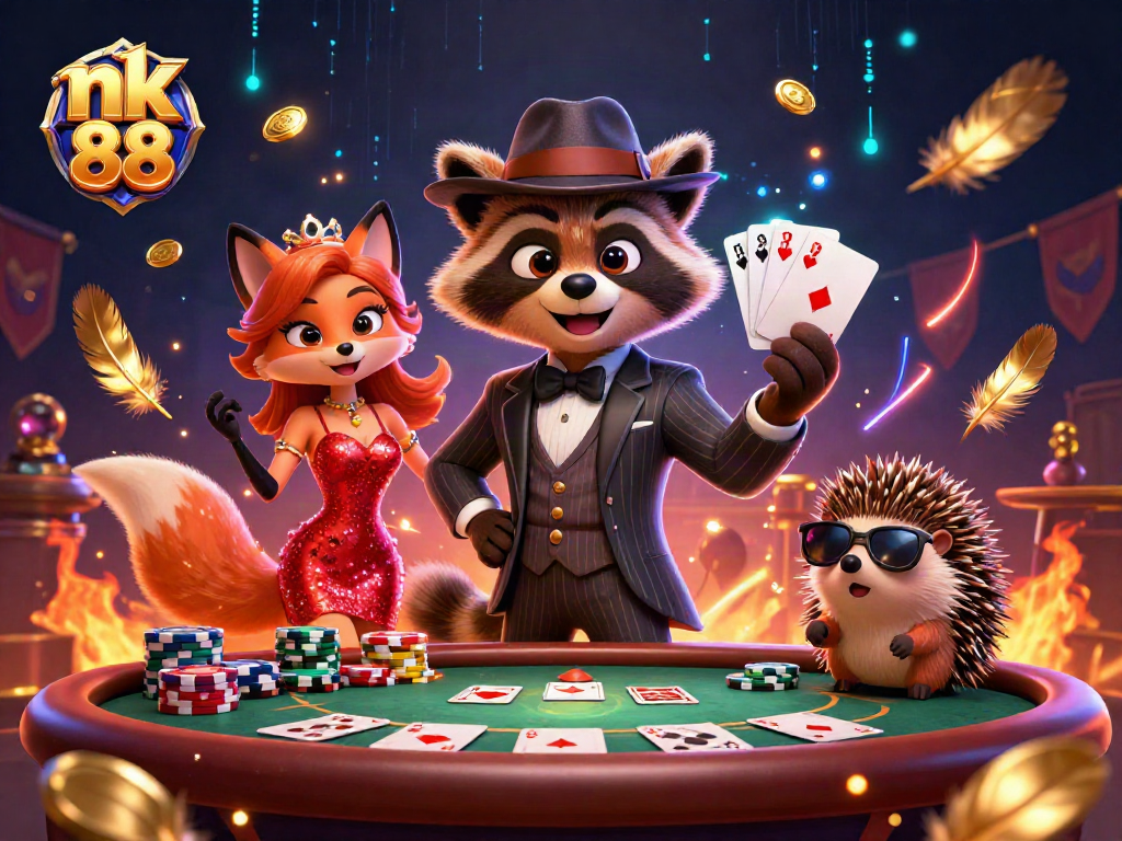 Play exciting hands at nk 88 with a suave raccoon and fox at a lively poker table.