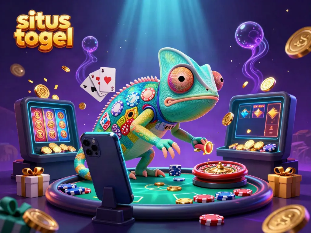 Engage with situs togel in a vibrant casino scene featuring a colorful chameleon and dynamic gaming elements.