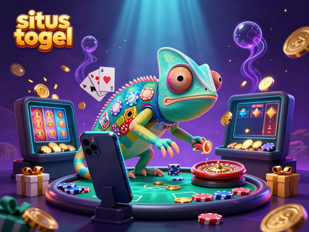 Engage with situs togel in a vibrant casino scene featuring a colorful chameleon and dynamic gaming elements.