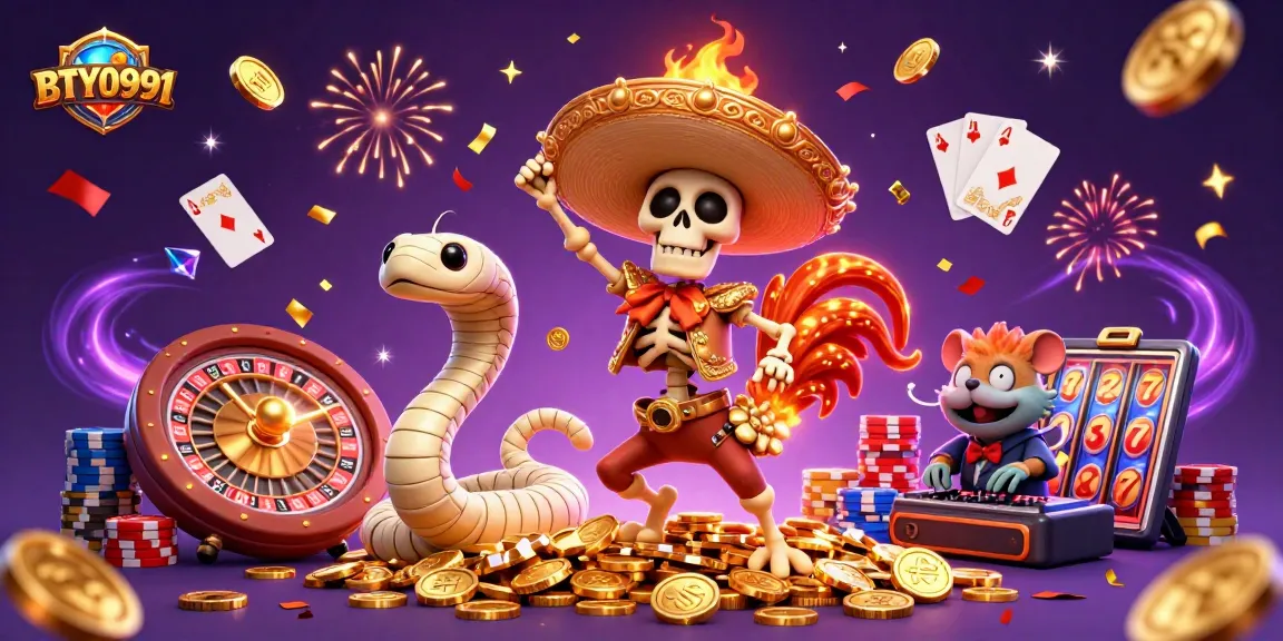 BTY0991 presents a vibrant 3D casino scene with a mariachi rooster, mummy snake, and DJ hamster celebrating.