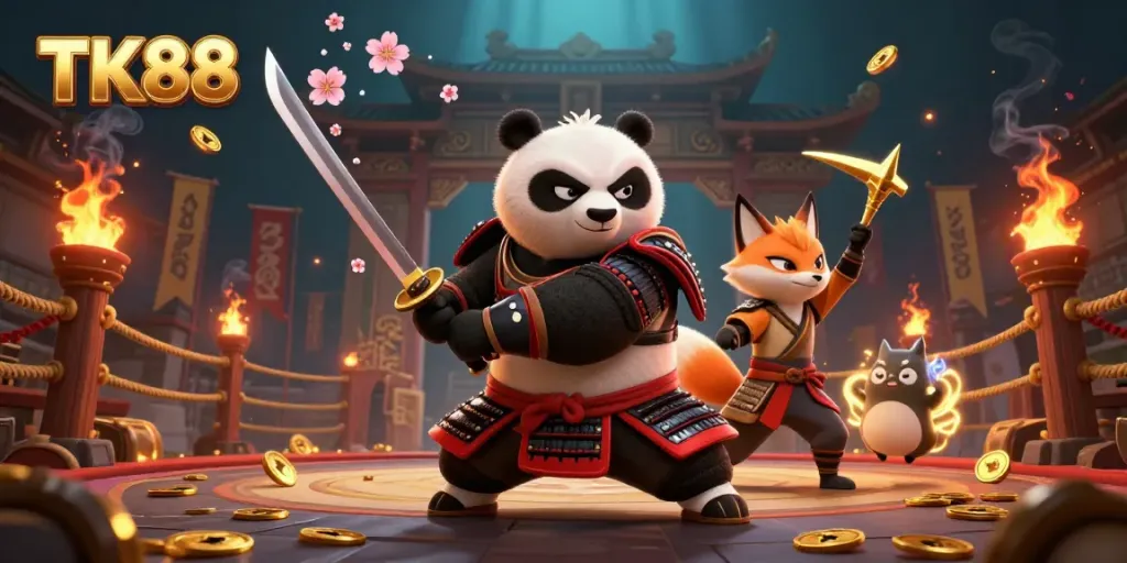 Engaging illustration of TK88 with samurai panda, ninja fox, and spirit tanuki in a vibrant casino scene.