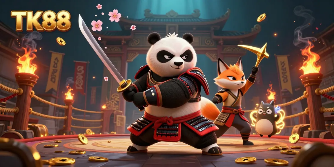 Engaging illustration of TK88 with samurai panda, ninja fox, and spirit tanuki in a vibrant casino scene.