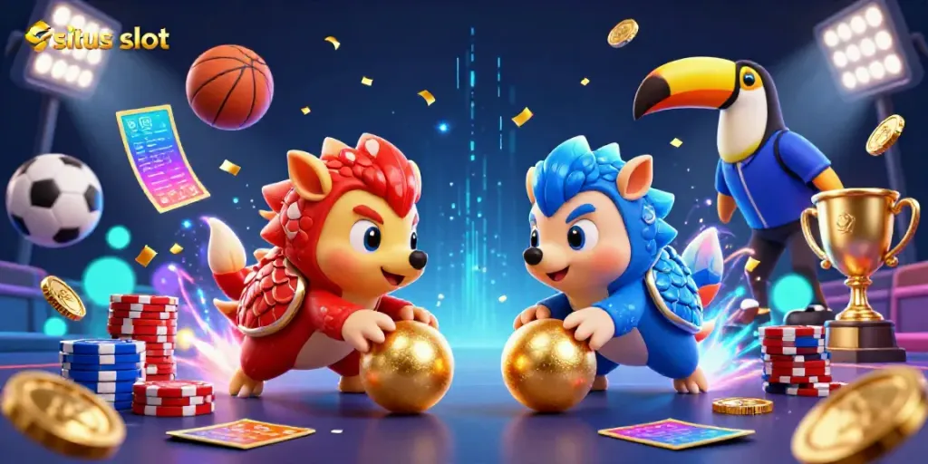 Situs slot illustration showcasing pangolins bowling through poker chips amid vibrant casino elements.