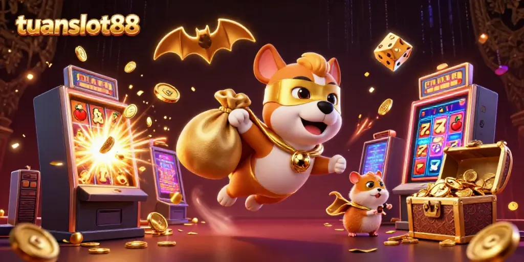 Gambarkan aksi seru tuanslot88 dengan anjing superhero berkilau membawa koin emas di dunia kasino.