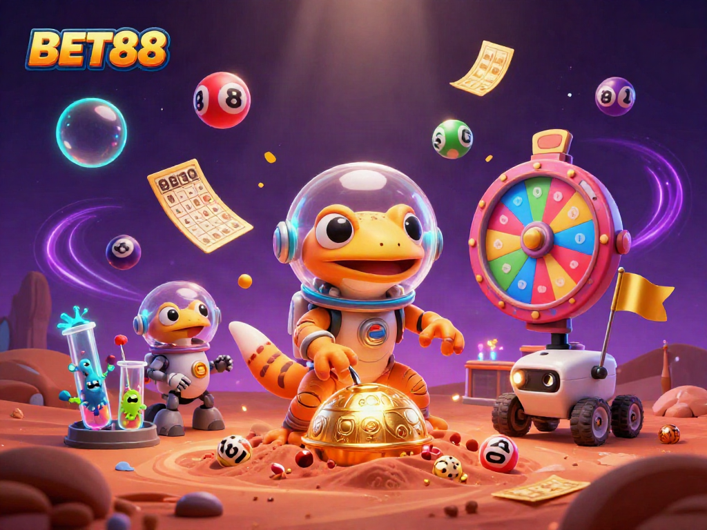 Experience BET88's Martian casino adventure with vibrant lottery elements and action-packed graphics.