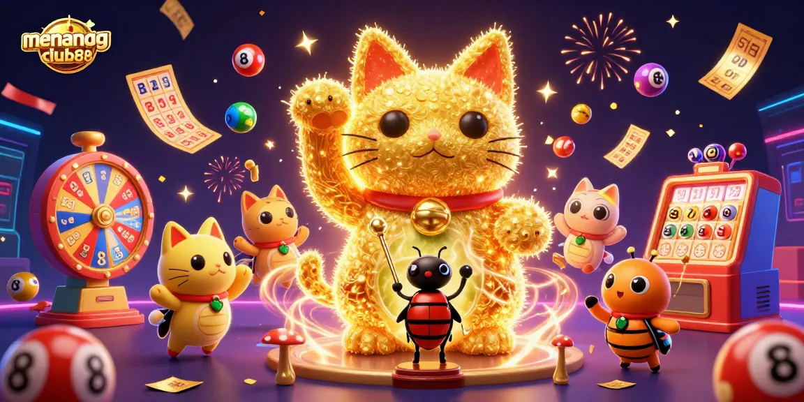 Experience the excitement of menangclub88 with a vibrant lucky cat surrounded by dynamic casino symbols.