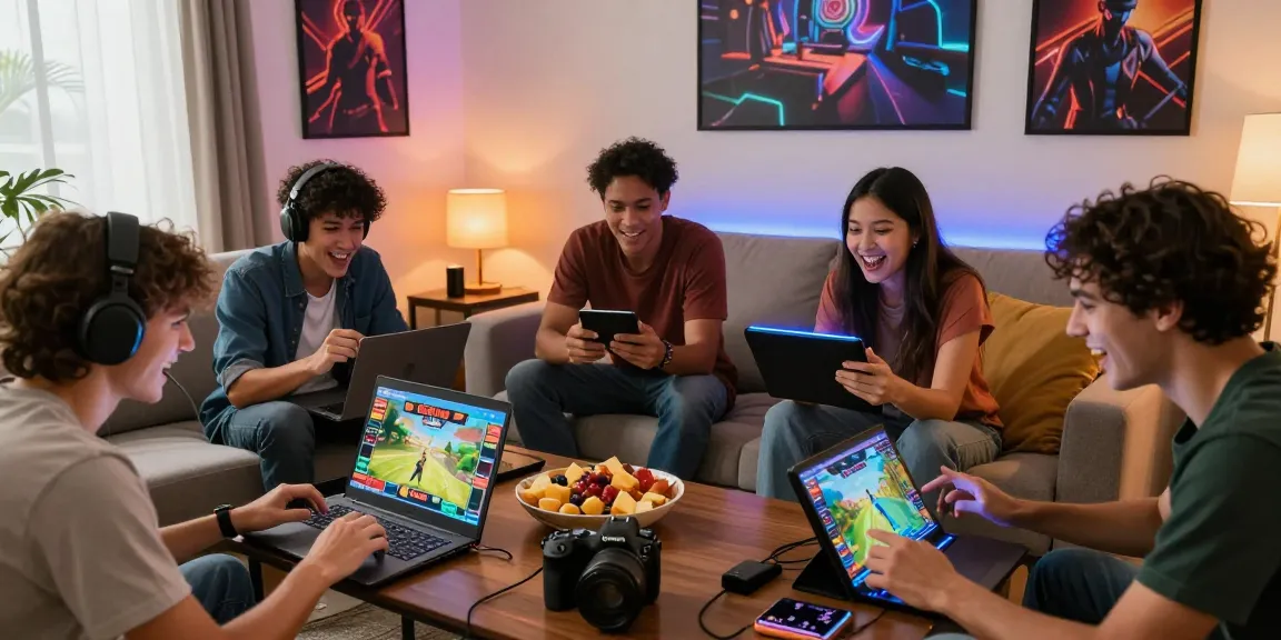 Teman-teman menikmati BATIK88 GAMES dengan perangkat beragam di ruang tamu yang ceria.