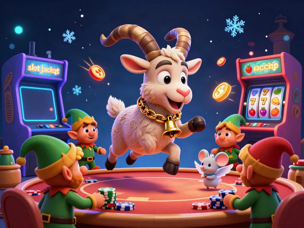 Slot jackpot memikat dengan krampus berantai di kasino, dikelilingi mesin arcade dan simbol buah.