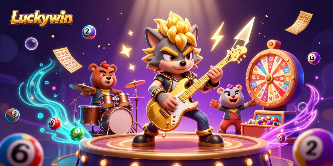 Experience the thrill of Luckywin with a vibrant casino scene featuring cartoon characters and games.