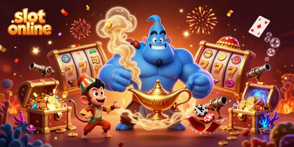 Experience thrilling gameplay with slot online as a massive blue genie, a monkey, and a magic carpet sparkle in this vibrant illustration.