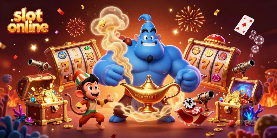 Experience thrilling gameplay with slot online as a massive blue genie, a monkey, and a magic carpet sparkle in this vibrant illustration.