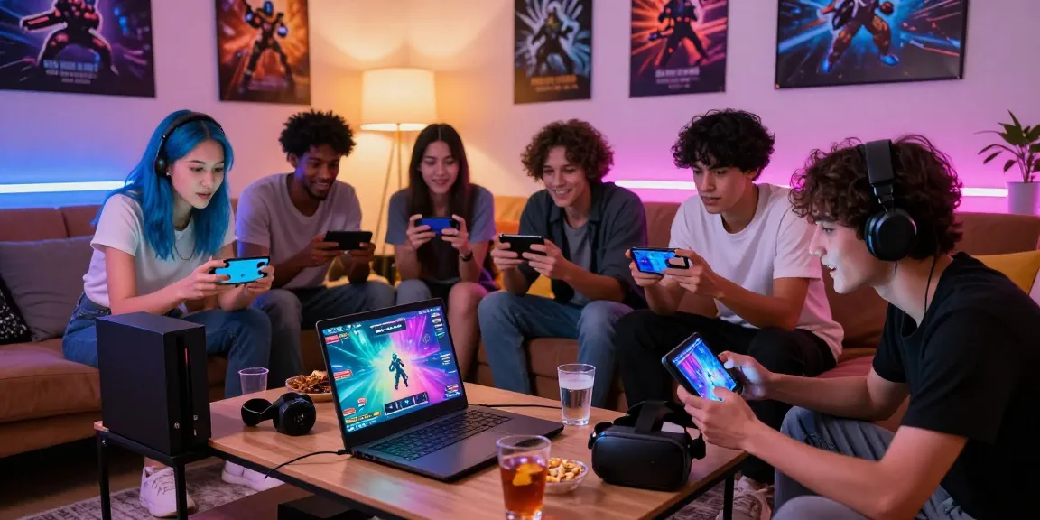 Engaging scene of friends playing mind control porn games together in a lively living room